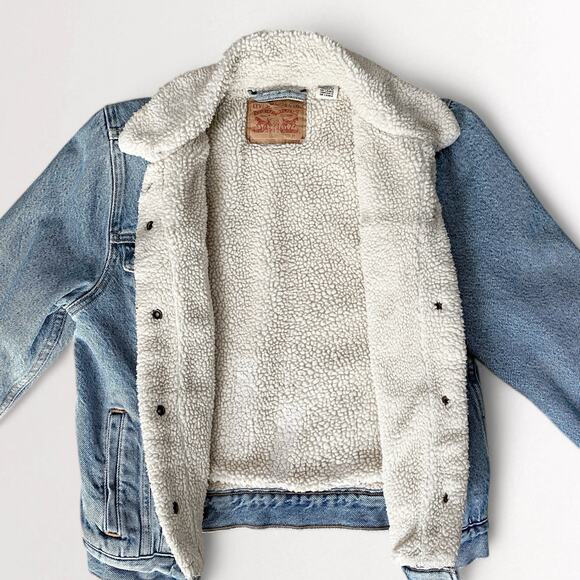 Levi's Original Sherpa Trucker Denim Jean Jacket Sz M Blue Light Wash Grunge - Picture 7 of 8